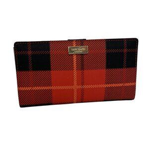 NWT Kate Spade New York Stacy Wallet Plaidred Print Red Black Leather Card Slots